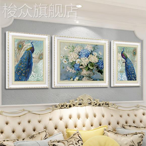 欧式风格客厅装饰画壁画简欧沙发背景画墙画大气三联高档孔雀挂画图片