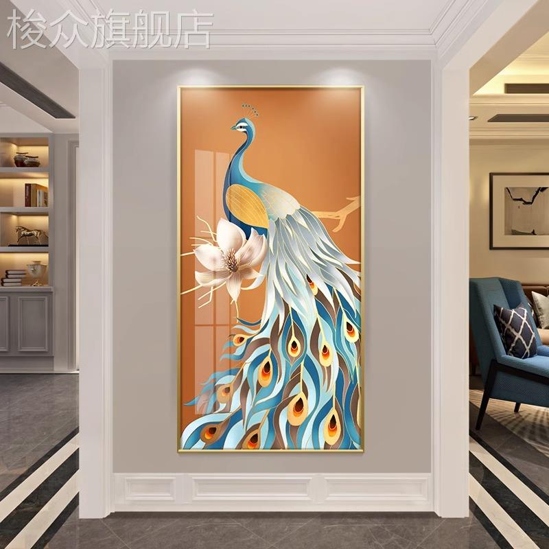 富贵吉祥孔雀过道装饰画入户画玄关画正对门寓意好挂画新中式壁画图片