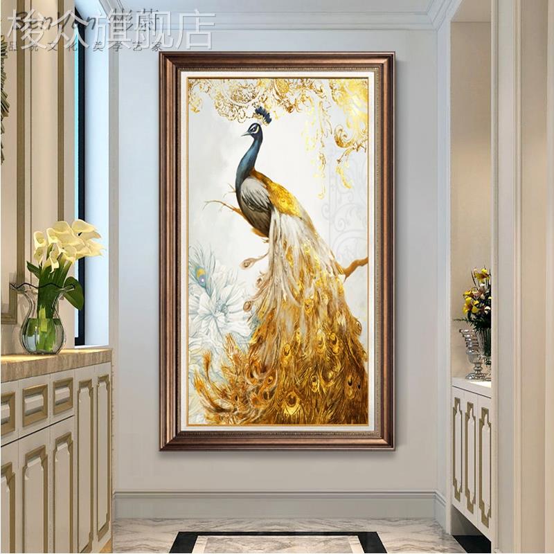 网红玄关装饰画壁画挂画走廊孔雀油画竖版过道背景墙面2022年新品图片