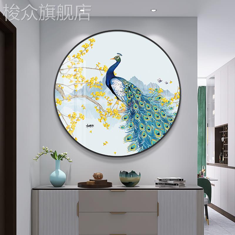 孔雀入户玄关现代客餐厅装饰画新中式茶室背景墙壁画走廊过道挂画图片