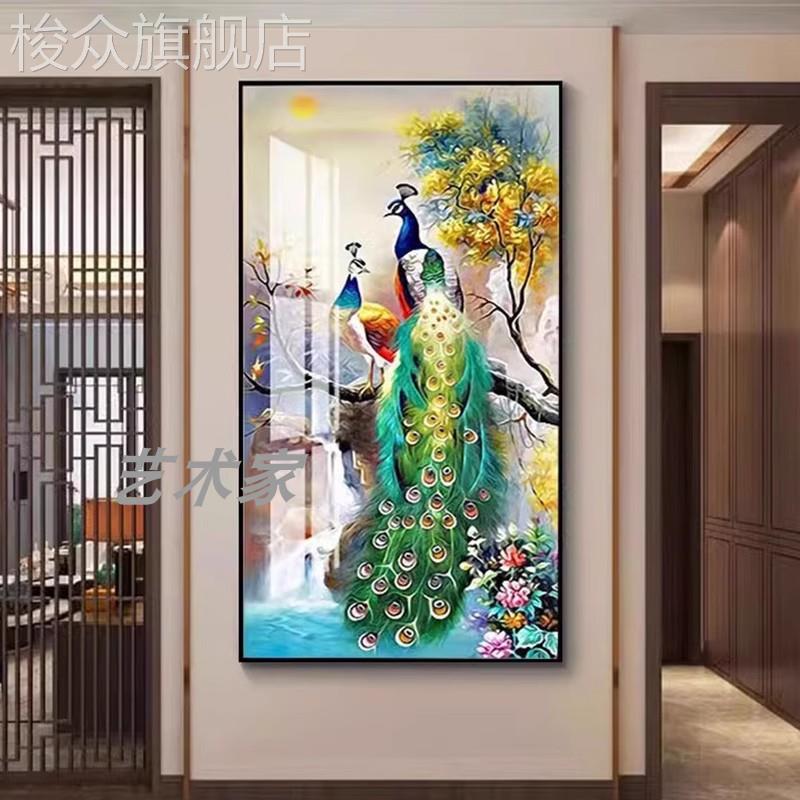 孔雀东南飞新中式高级感玄关处装饰画轻奢酒店走廊挂画客厅晶瓷画图片