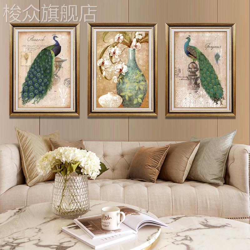 欧式客厅装饰画美式沙发背景墙墙画简欧餐厅壁画三联大气孔雀挂画图片