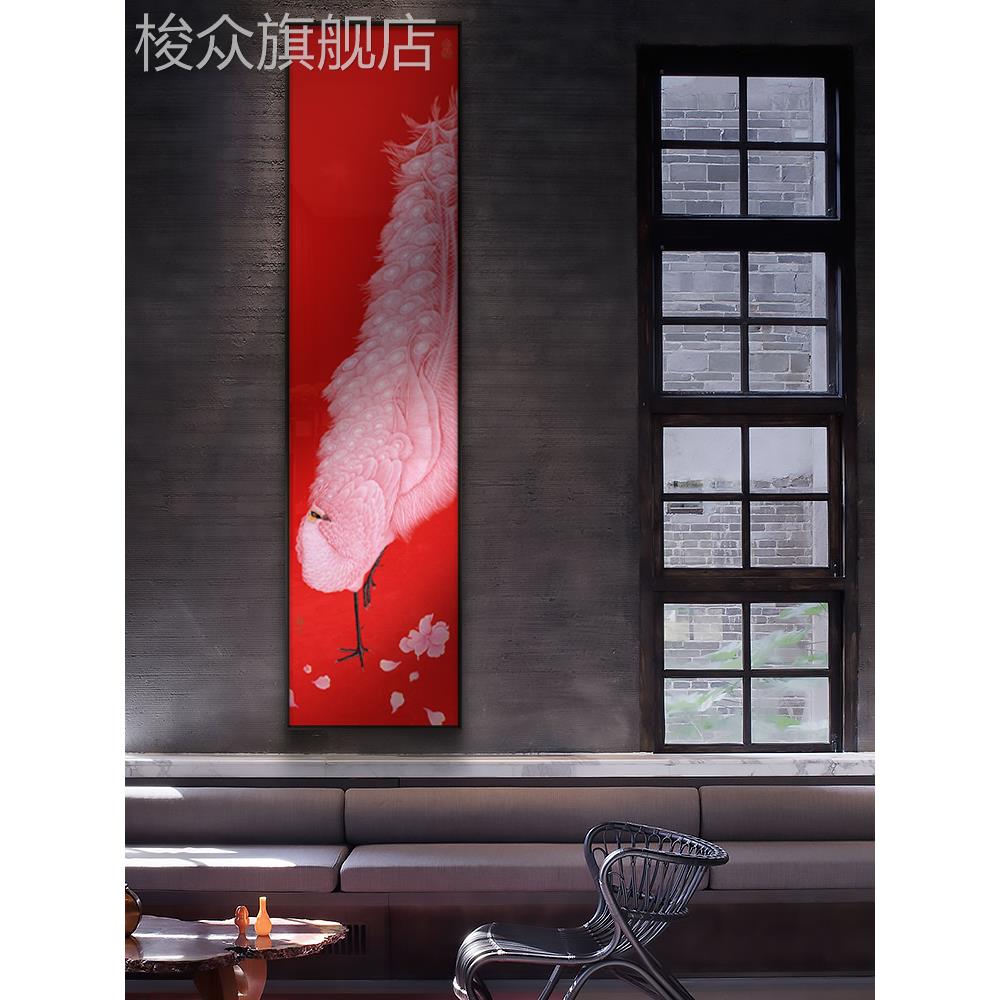 新中式客厅玄关入户走廊孔雀装饰画寓意好红色民宿酒店餐厅挂画图片