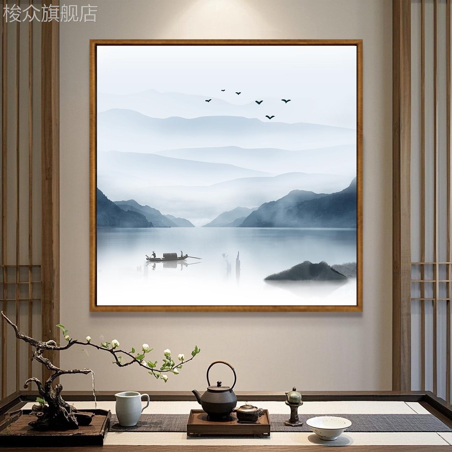玄关装饰画 画正方形山水挂画 画新中式壁画 画客厅办公室书房背图片