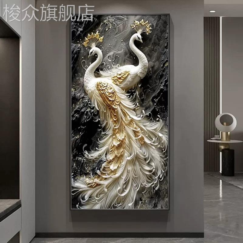 现代轻奢入户玄关装饰画正对门led灯高级感孔雀挂画走廊过道壁画图片