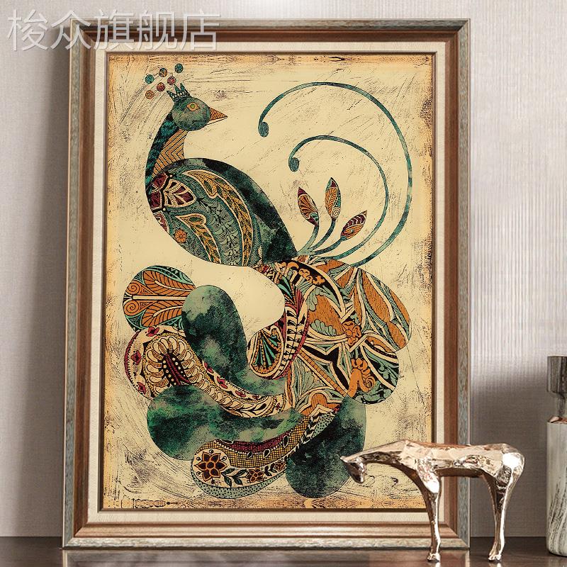 美式入户玄关装饰画竖版走廊过道挂画欧式客厅背景墙孔雀双联壁画图片