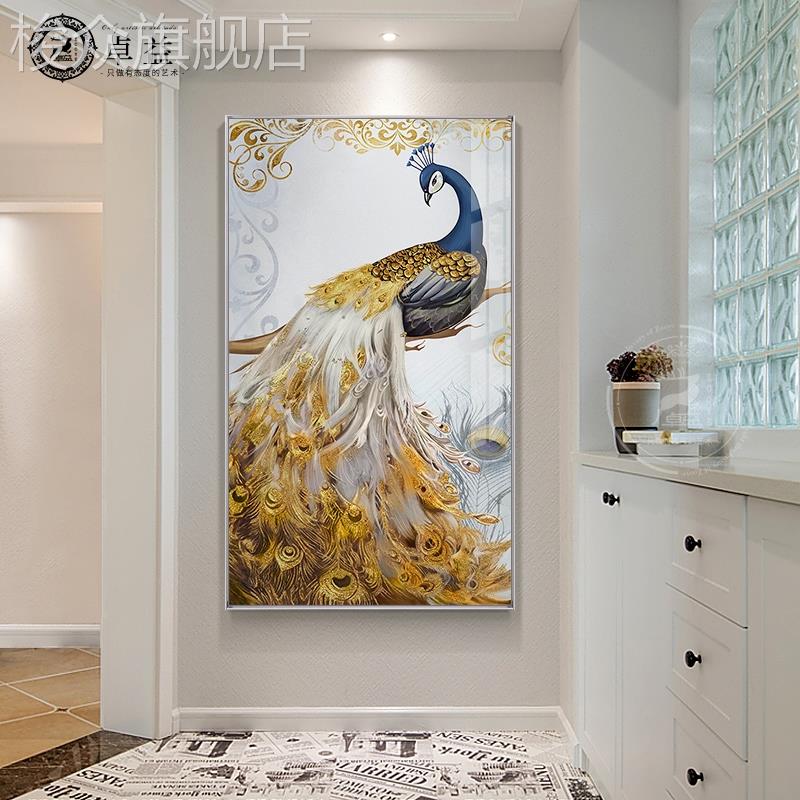 孔雀玄关装饰画客厅竖版过道现代简约挂画轻奢大竖幅入户墙面定做图片