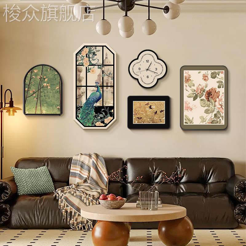 法式中古风客厅装饰画孔雀高级感沙发背景墙挂画寓意复古组合壁画图片