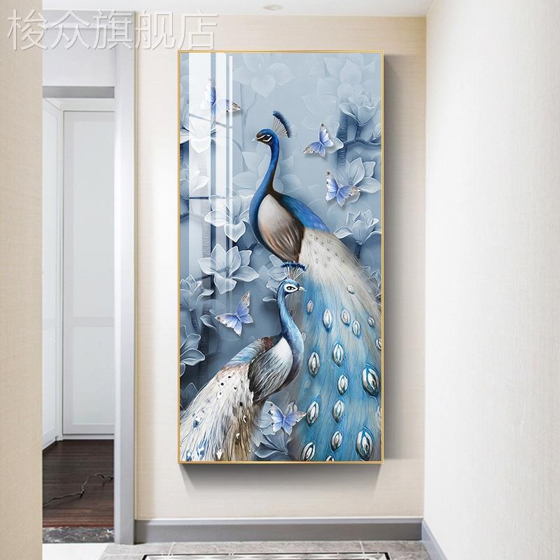孔雀竖版挂画玄关定制背景墙壁画入户过道尽头现代房间楼梯装饰画图片