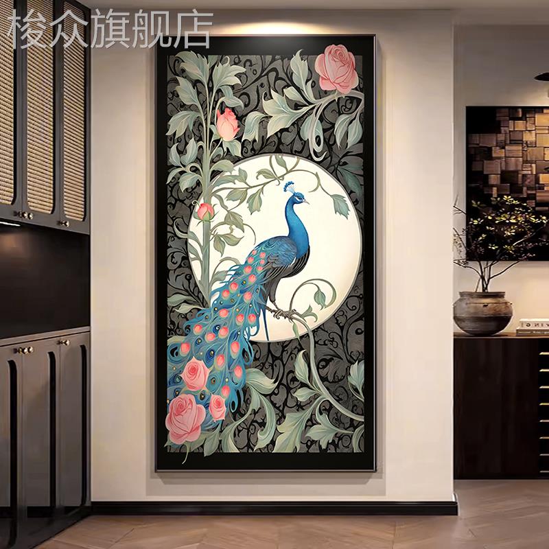 2024新款轻奢高档玄关装饰画复古孔雀图走廊过道挂画法式花卉壁画图片
