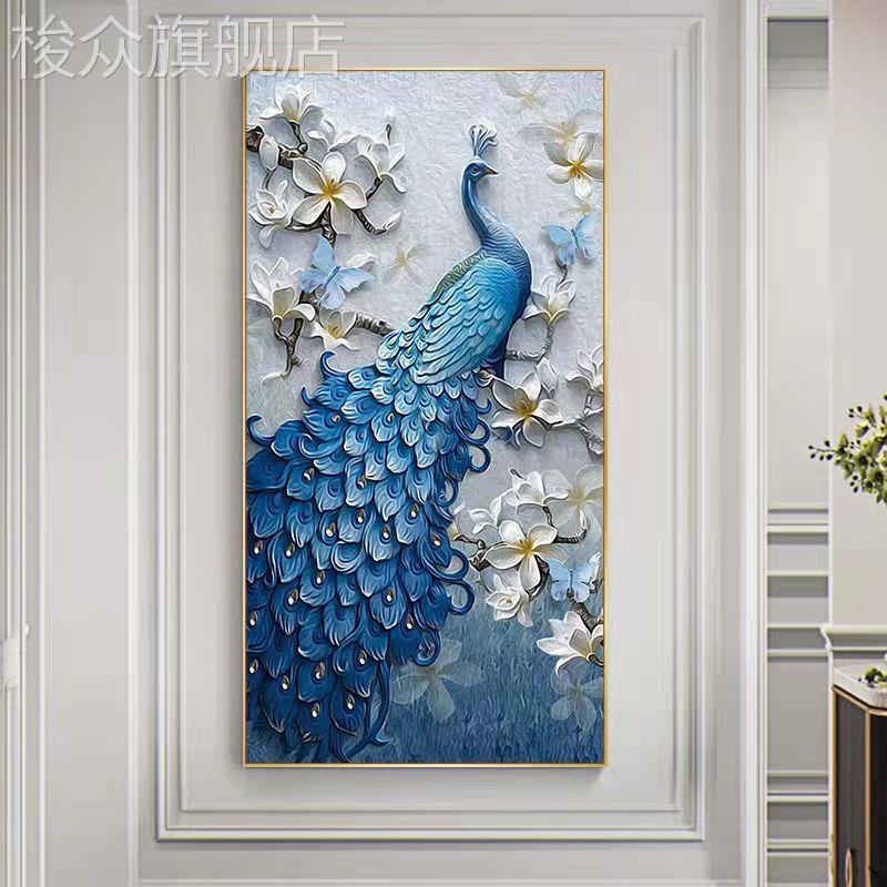 网红孔雀玄关装饰画走廊过道壁画正对门新中式挂画现代客厅晶瓷画图片
