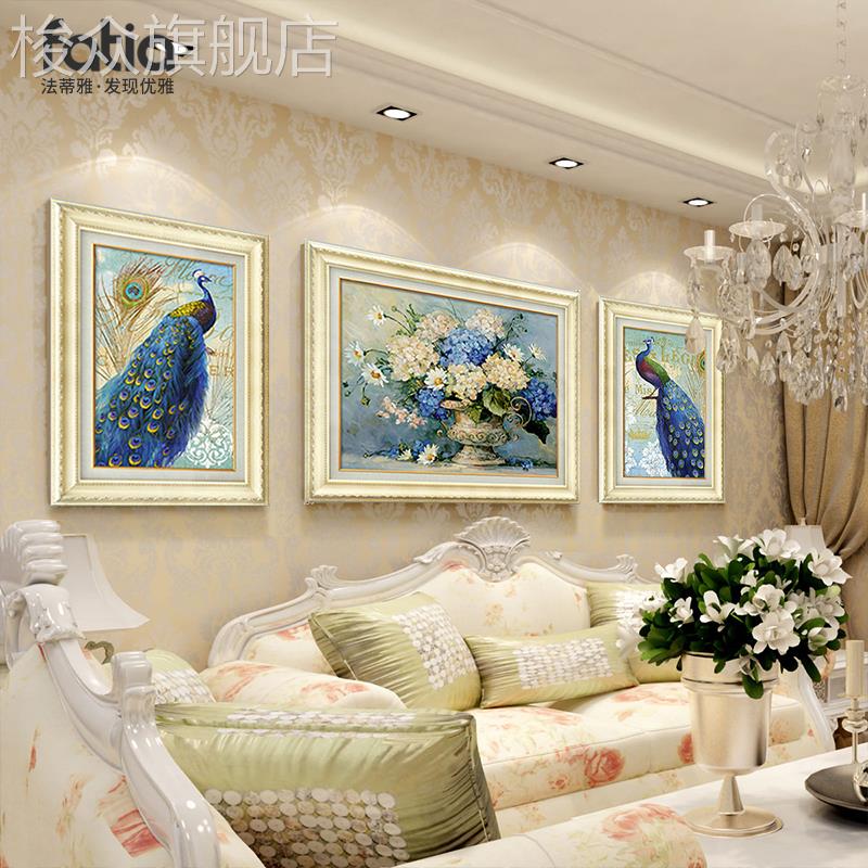 欧式沙发背景墙装饰画孔雀壁画客厅挂画三联大气餐厅油画美式风格图片