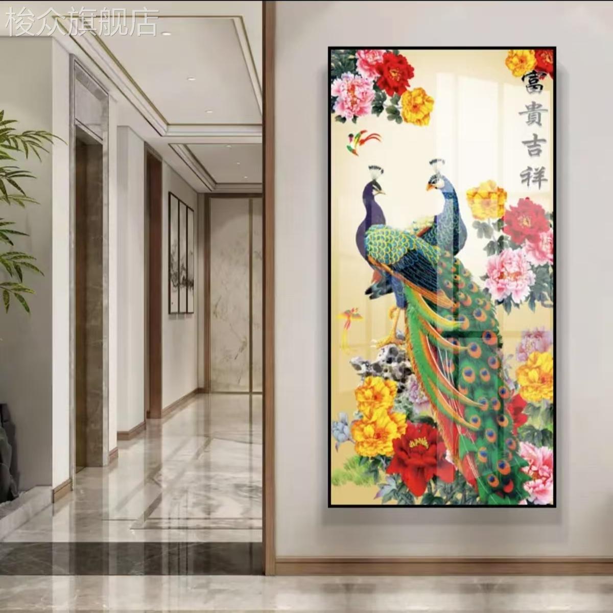 孔雀上墙玄关现代简约客厅走廊过道尽头挂画高端上档次玄关装饰画图片