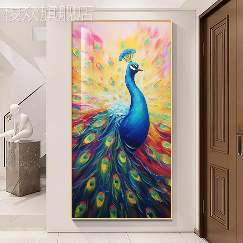 孔雀开屏玄关装饰画奶油肌理感油画新款富贵吉祥走廊过道客厅挂画图片