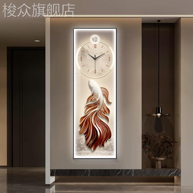 孔雀鱼玄关装饰画钟表挂钟客厅走廊过道挂画锦鲤九鱼时钟发光灯画图片