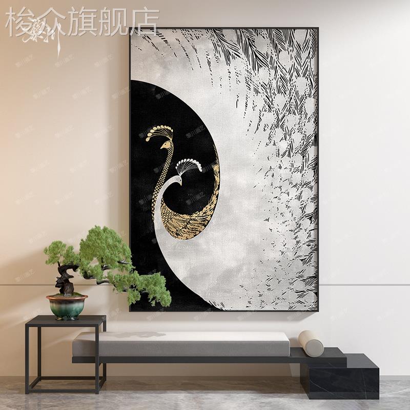 新中式中国风轻奢孔雀高级感客厅卧室装饰画玄关背景墙壁画挂画图片