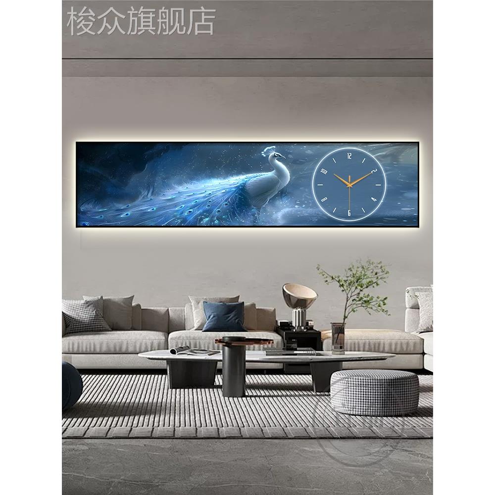 轻奢孔雀客厅装饰画钟表挂钟大气现代走廊过道沙发背景墙时钟挂画图片