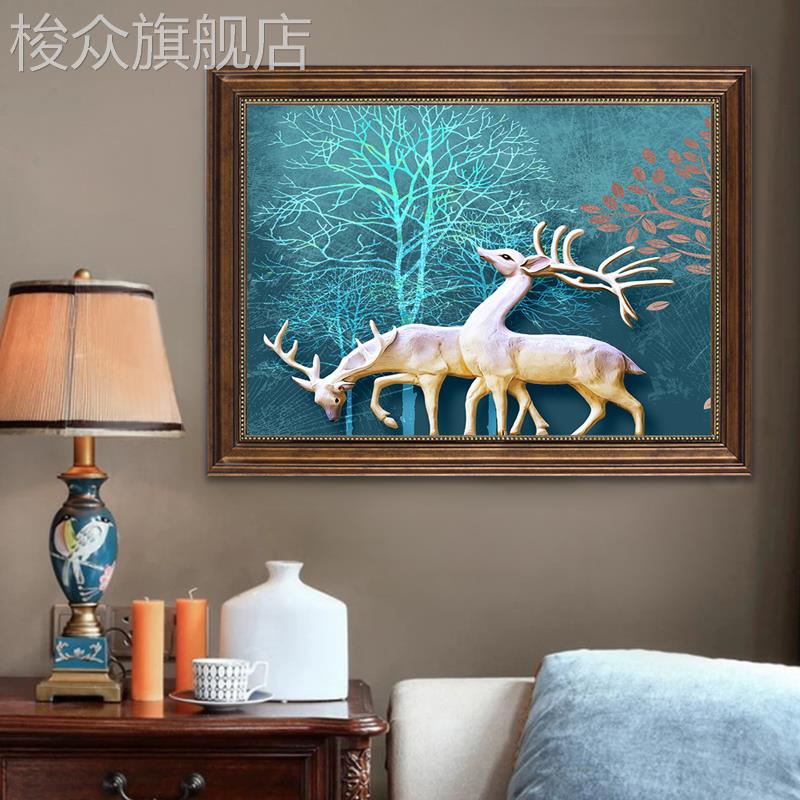 客厅美式招财鹿背景装饰画复古欧式壁画餐厅吉象到家别墅横款挂画图片