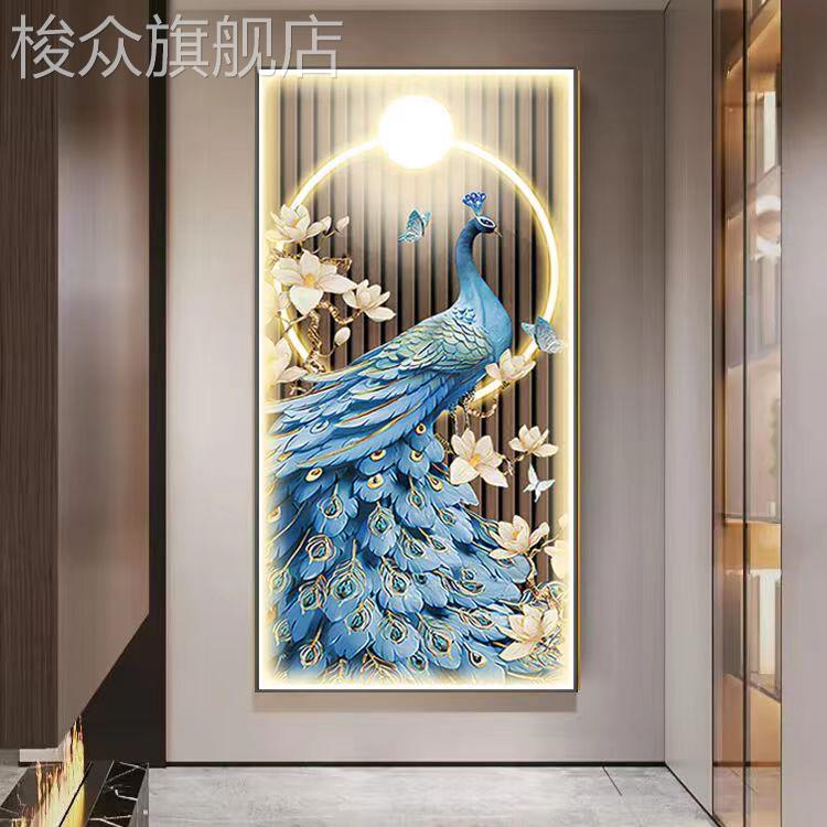 现代轻奢客厅led灯画孔雀入户玄关装饰画寓意好走廊过道尽头挂画图片