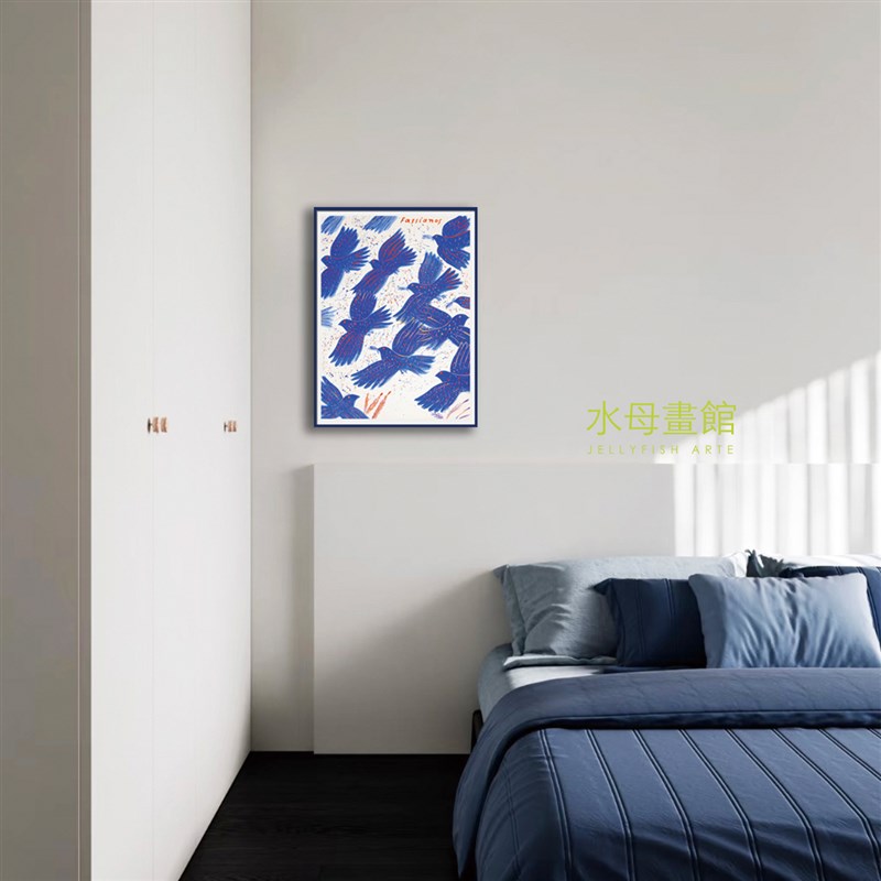 飞鸟蓝色金属框客厅挂画卧室装饰画现代简约彩色中古小众ins图片
