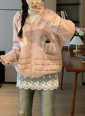 Jody甜美可爱连帽开衫毛衣外套女秋冬款学生小个子宽松慵懒短款针