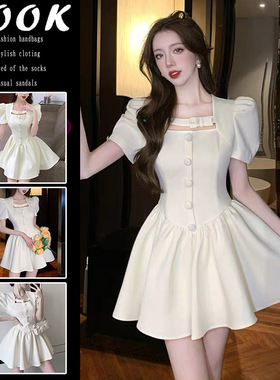 Jody法式气质减龄短袖连衣裙女夏季设计感收腰显瘦泡泡袖蓬蓬裙子