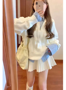 Jody学院fufu翻领针织针织衫毛衣条纹衬衫白色短裙秋冬学生三件套
