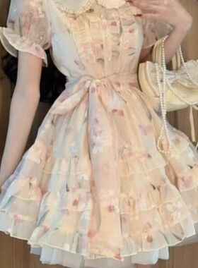 Jody娃娃领碎花连衣裙女夏初中高中学生学院风少女收腰洛丽塔公主