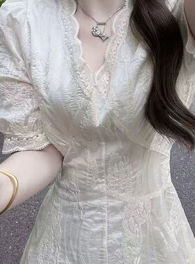 Jody法式气质蕾丝泡泡袖连衣裙女夏季感宫廷风收腰显瘦茶歇长裙子