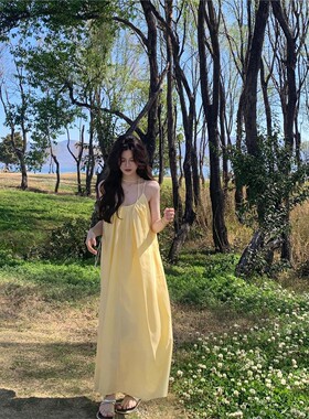 Jody法式黄色吊带连衣裙女装夏季海边度假风穿搭裙子宽松A字裙长