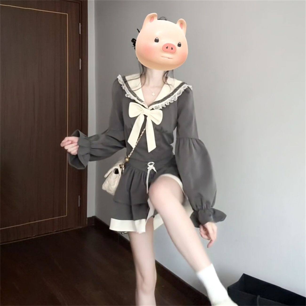 韩版学院风海军领蝴蝶结拼接长袖上衣+绑带拼接半身短裙两件套装