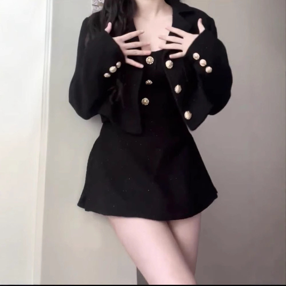 黑色网红小香风西装裙职业套装女春季高级感小个子韩剧短裙两件套