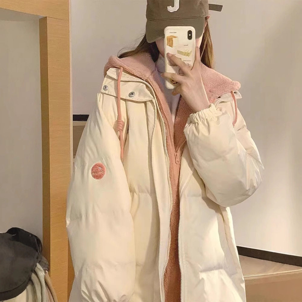 假两件棉服女短款连帽女冬季加厚韩系温柔风棉衣羊羔绒拼接外套