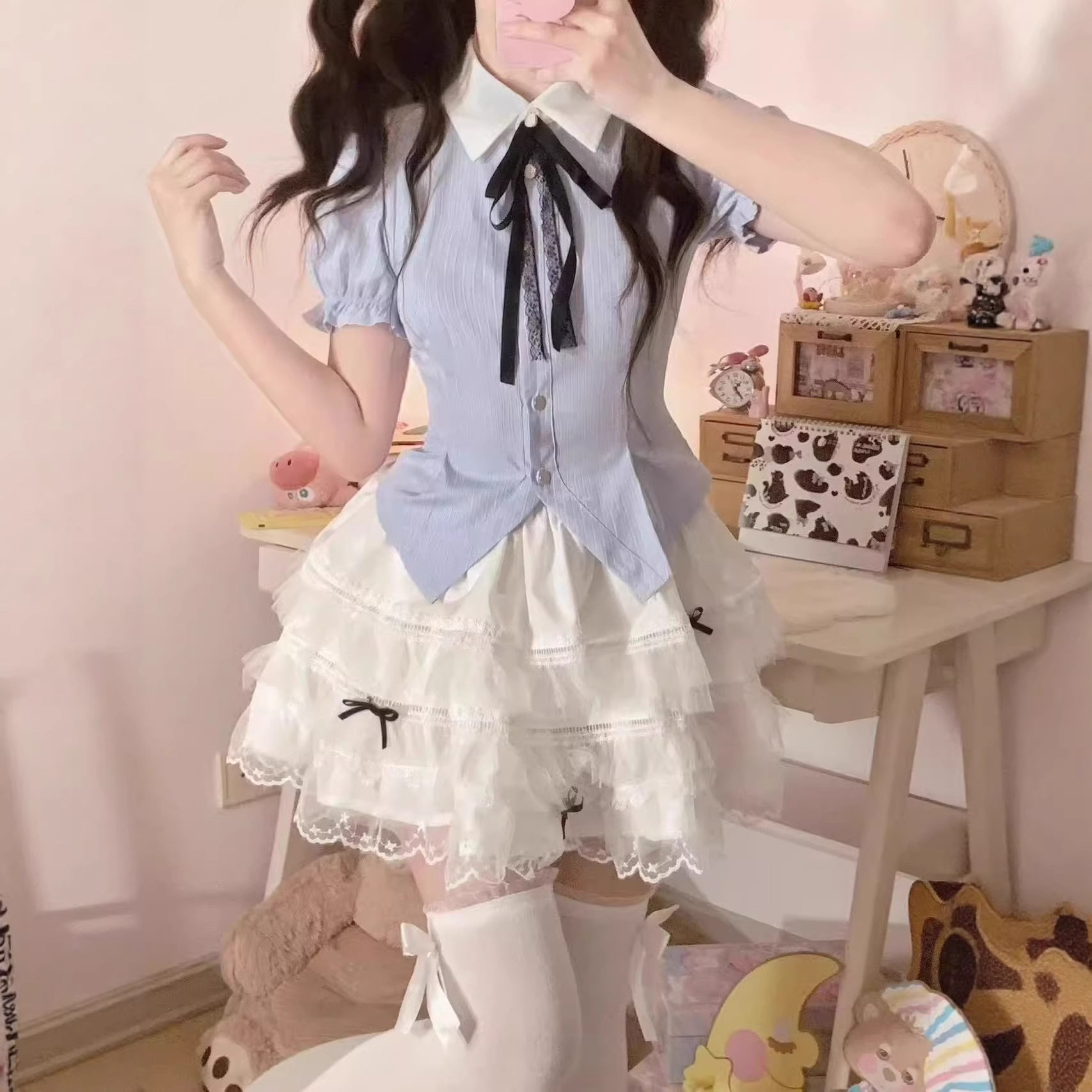 甜美奶乖泡泡袖短袖上衣夏季jk制服纯欲学院风显瘦蓬蓬裙女两件套