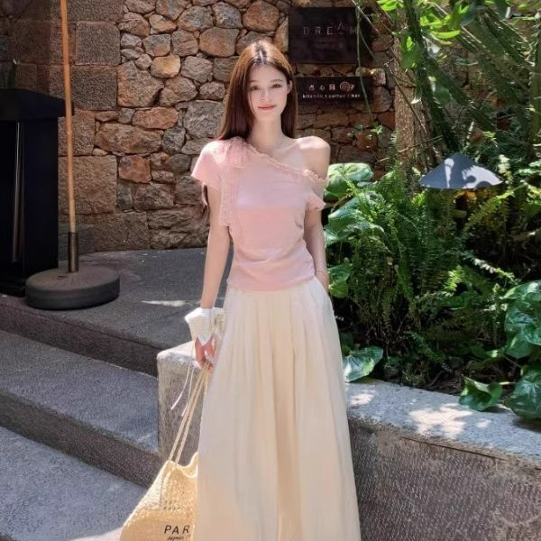 纯欲蕾丝花边斜肩短袖T恤女夏款蝴蝶结绑带针织衫韩系掐腰小上衣