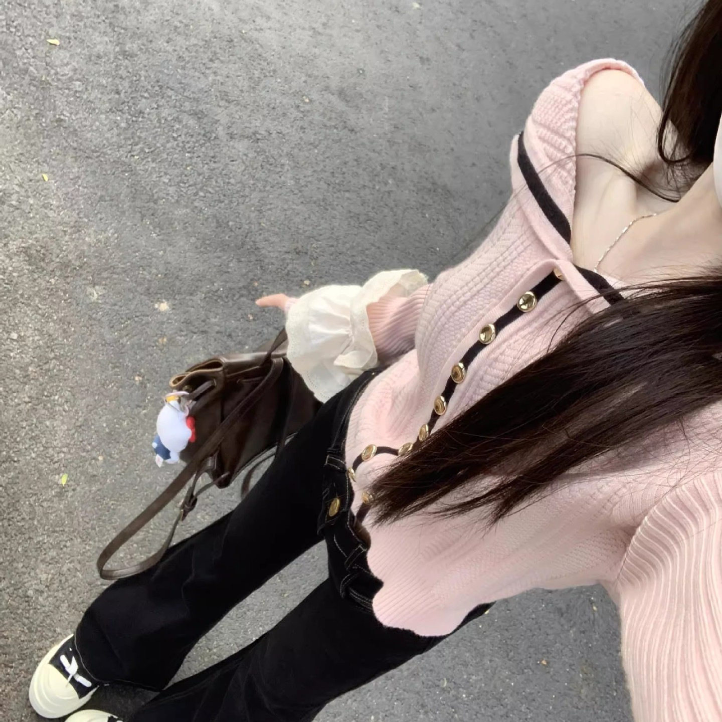 海军领粉色一字肩毛衣开衫女秋冬季新款甜美减龄针织短款上衣外套