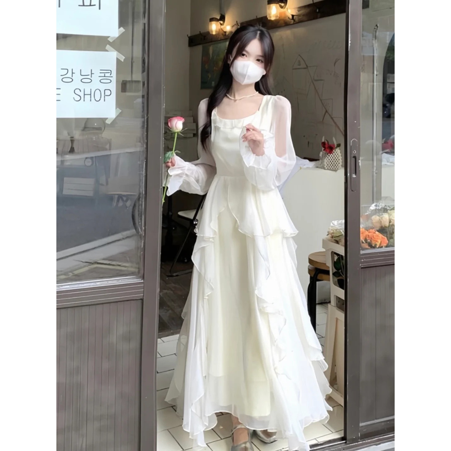 法式温柔白色荷叶边连衣裙仙女秋冬气质高级感生日在逃公主长裙子