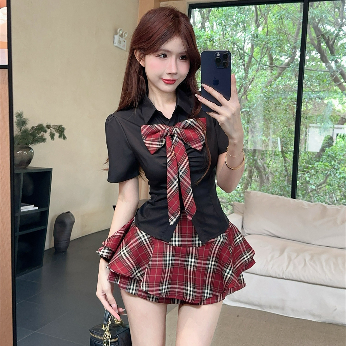 学院风jk套装辣妹制服修身短袖蝴蝶结衬衣高腰格子裤裙两件套