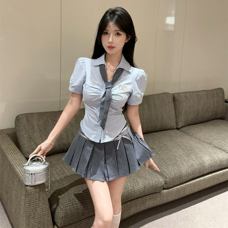 jk制服套装女夏款学院风穿搭纯欲衬衫收腰显瘦美式热辣短裙两件套