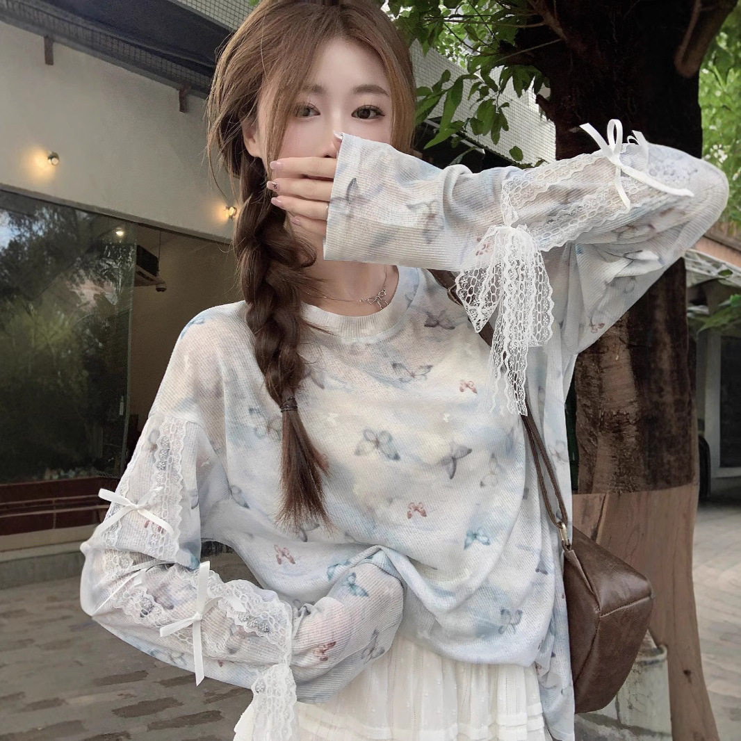 多巴胺星星蓝色蝴蝶印花罩衫蕾丝绑绳T恤女春夏小众薄款防晒上衣