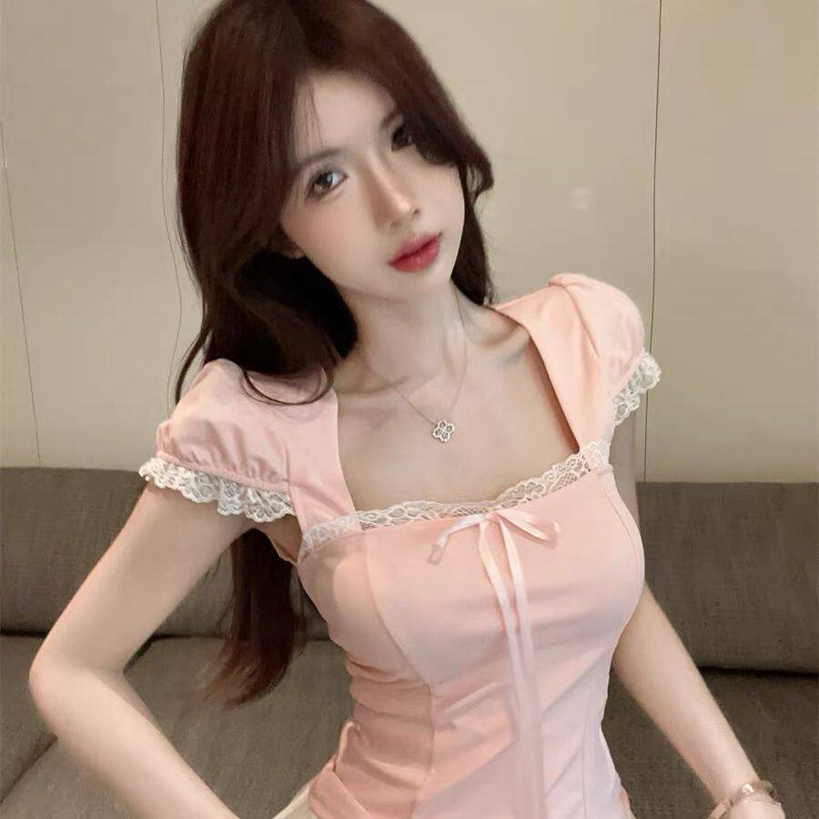纯棉纯欲甜辣妹泡泡袖鱼骨小上衣女夏季方领蕾丝短袖t恤法式绝美