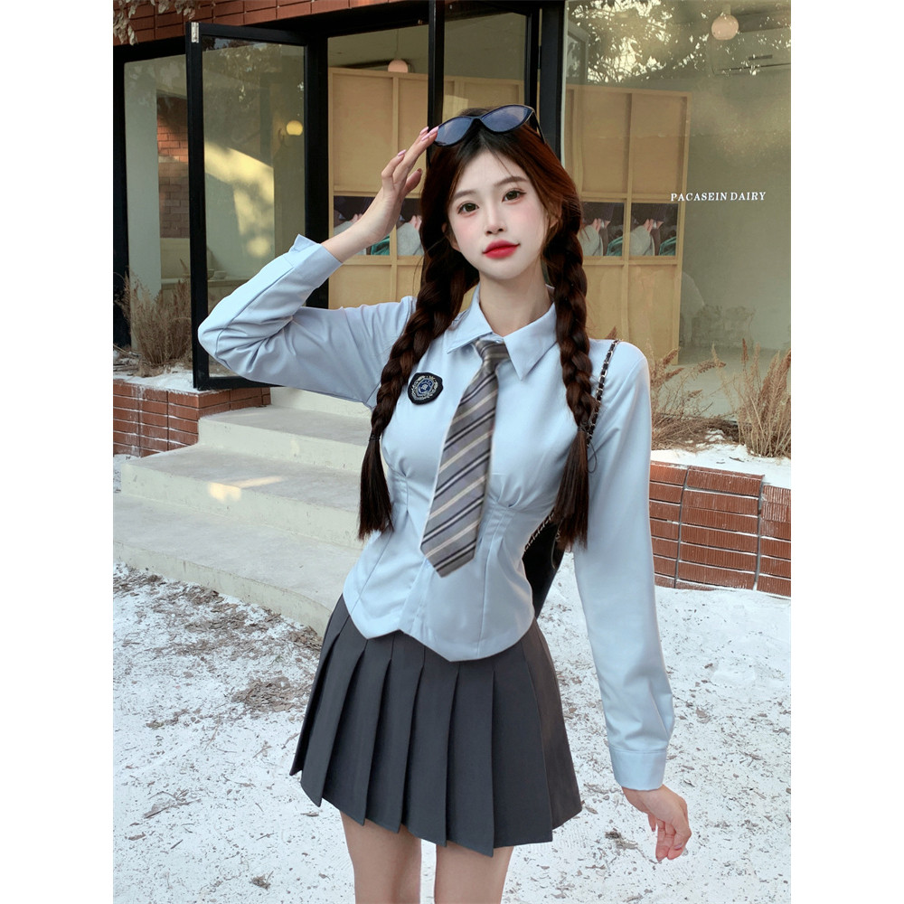 jk收腰衬衫女长袖辣妹百褶裙制服套装百搭修身显瘦日系学院风蓝色
