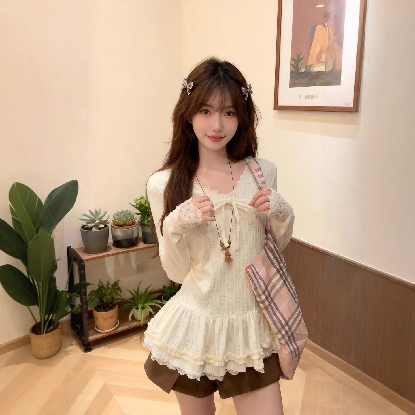 韩系甜美花边v领长袖t恤女秋冬新款收腰芭蕾风打底蕾丝衫内搭上衣