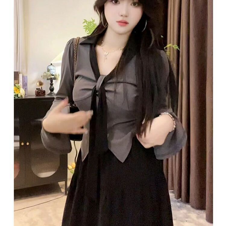 大码春秋新款微胖mm显瘦套装女甜美长袖上衣衬衫收腰半身裙两件套