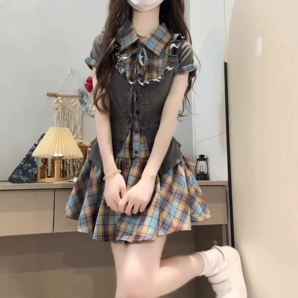 法式学院风蓝色格纹连衣裙子女夏季新款气质辣妹收腰短裙套装