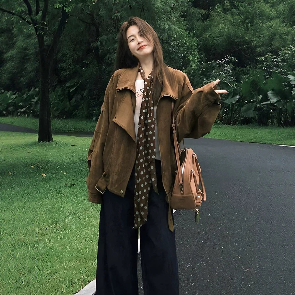 美拉德复古麂皮机车外套女早春季宽松翻领气质夹克慵懒廓形感上衣