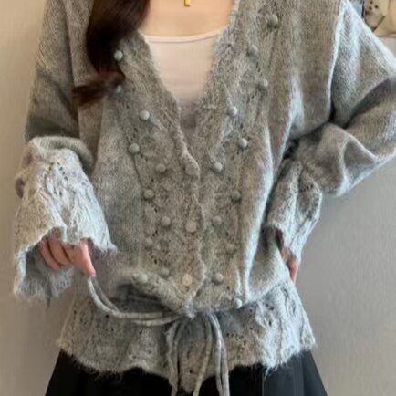 灰色v领镂空毛衣开衫外套女春秋季宽松慵懒风抽绳长袖针织衫上衣