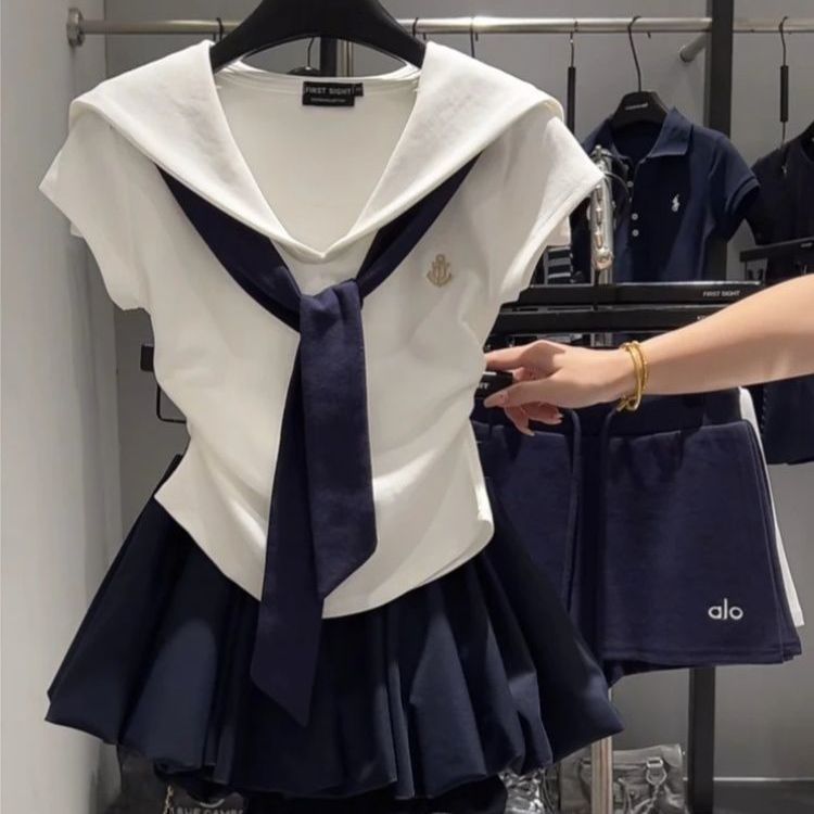 韩系学院风时尚撞色海军领短袖T恤女2025夏季新款修身显瘦上衣ins