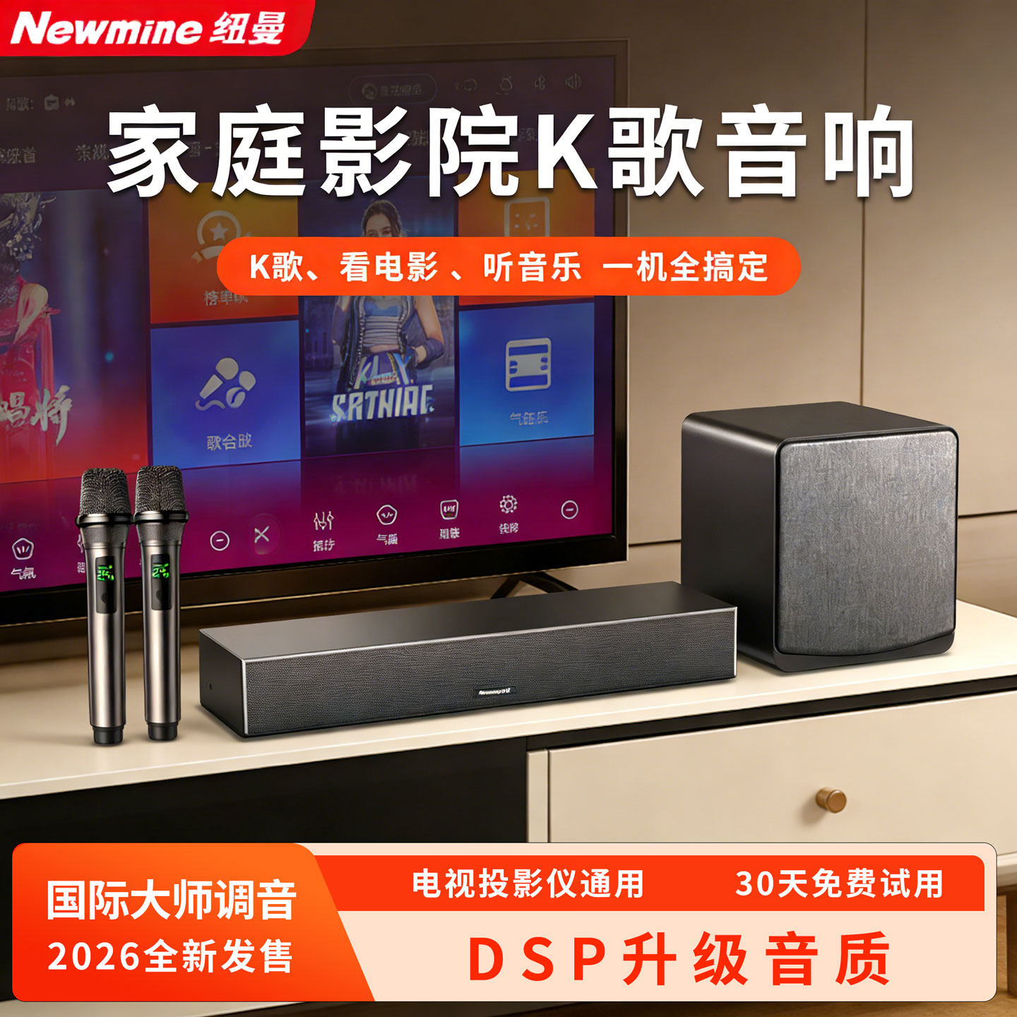纽曼家庭ktv音响套装影院K歌一体机卡拉ok麦克风家用客厅唱歌音箱