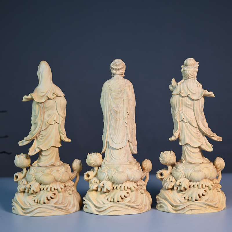 黄杨木雕刻立西方三圣摆饰室内家居装饰品供奉摆件桌面立像工艺品